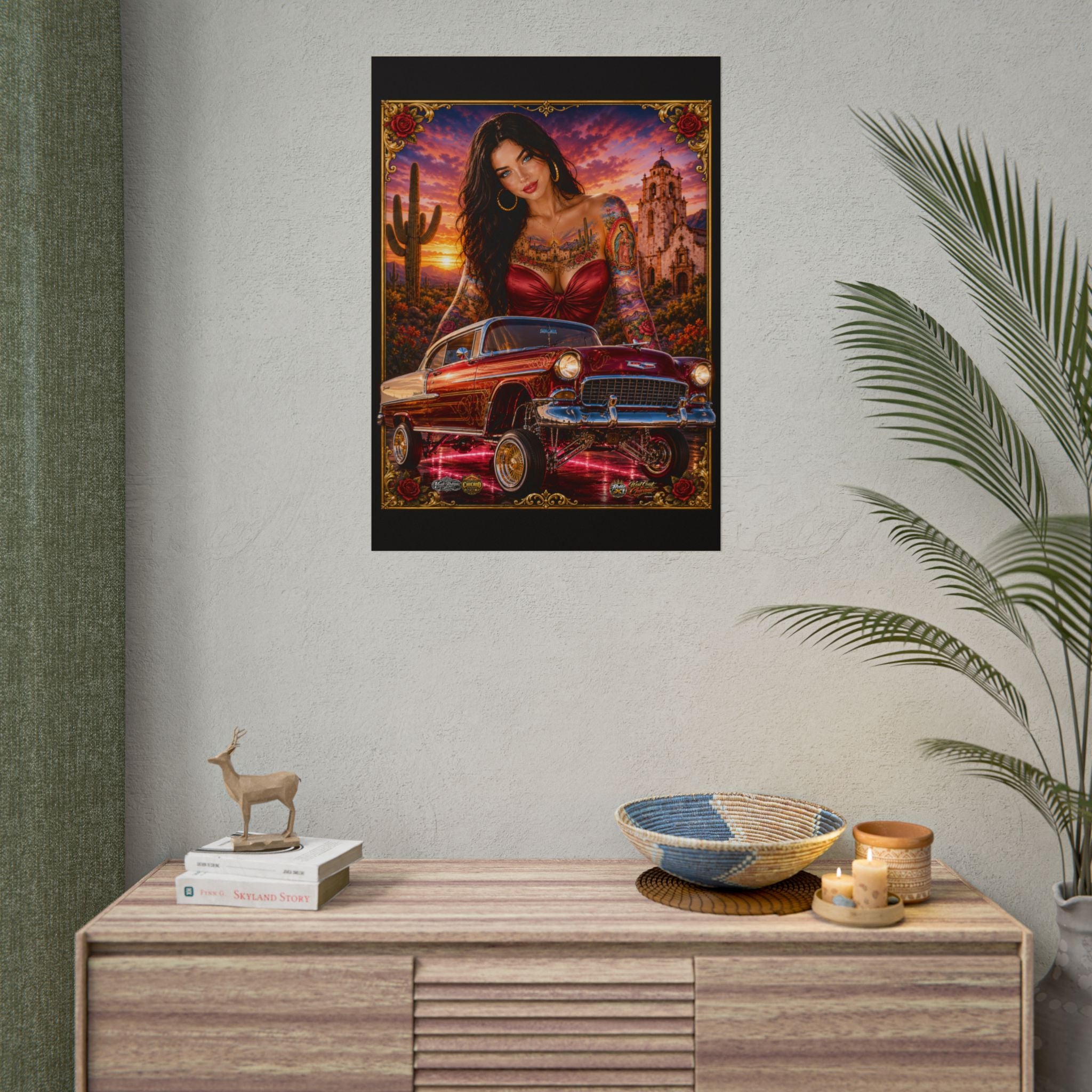 Lowrider Pin-Up Poster — Retro Car & Tattooed Chicana Sunset Art (Rolled Poster)