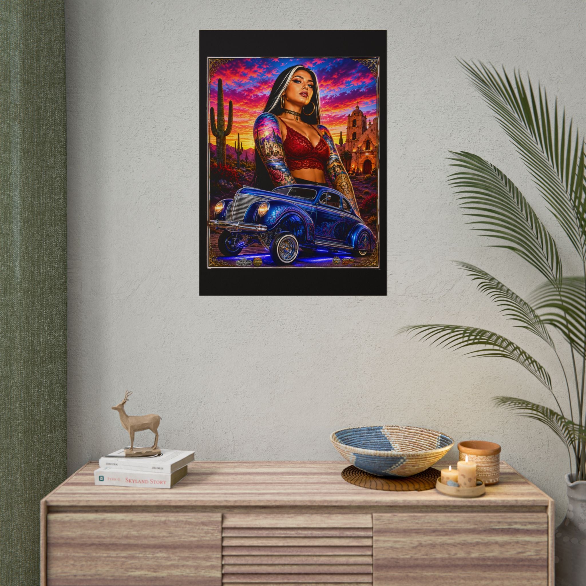 Lowrider Sunset Poster — Chicana Pinup Car Art Rolled Poster