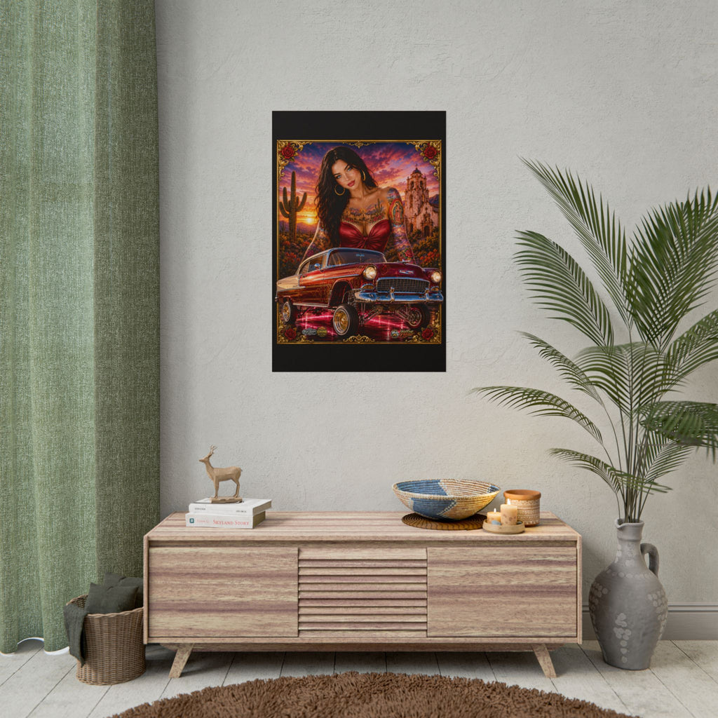 Lowrider Pin-Up Poster — Retro Car & Tattooed Chicana Sunset Art (Rolled Poster)