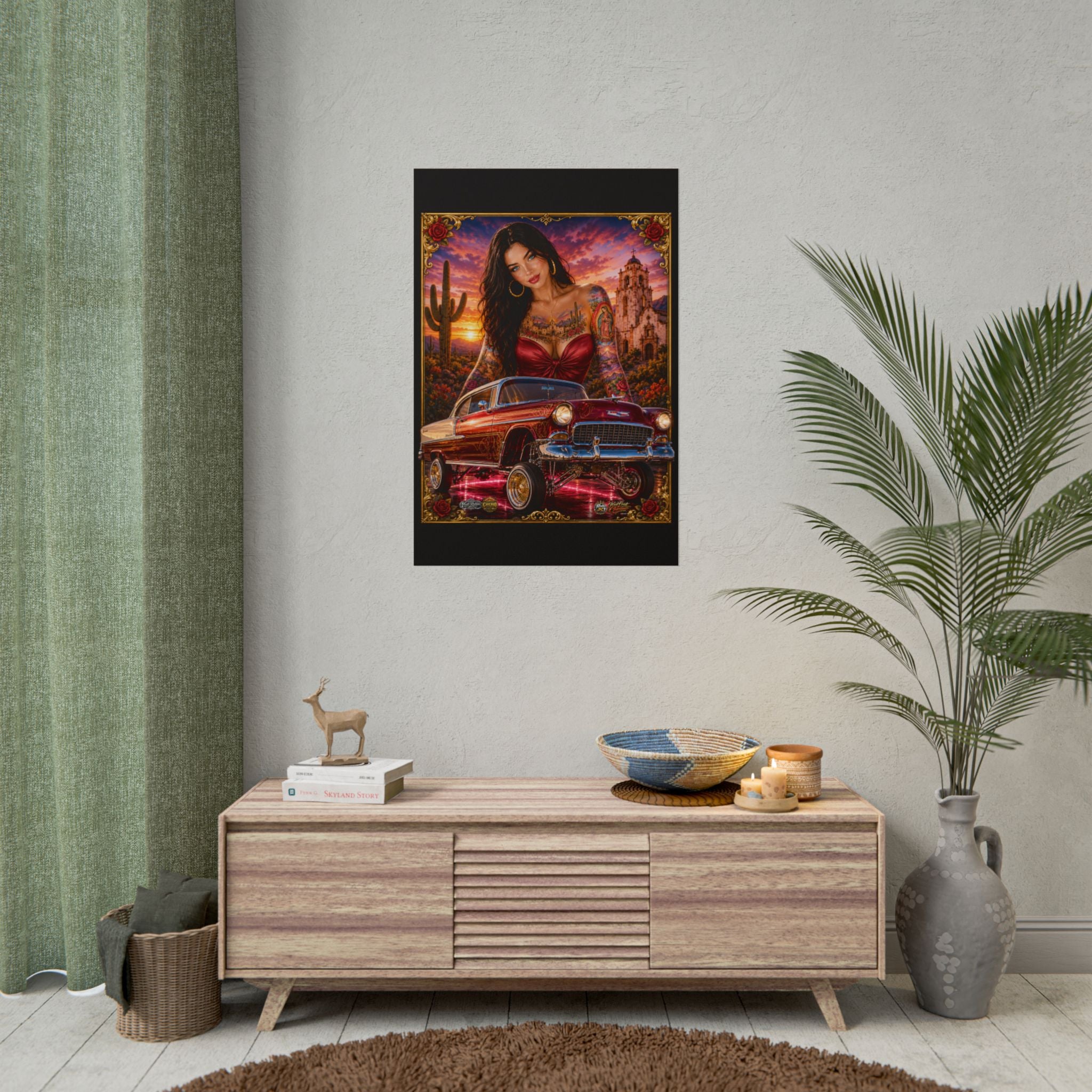 Lowrider Pin-Up Poster — Retro Car & Tattooed Chicana Sunset Art (Rolled Poster)