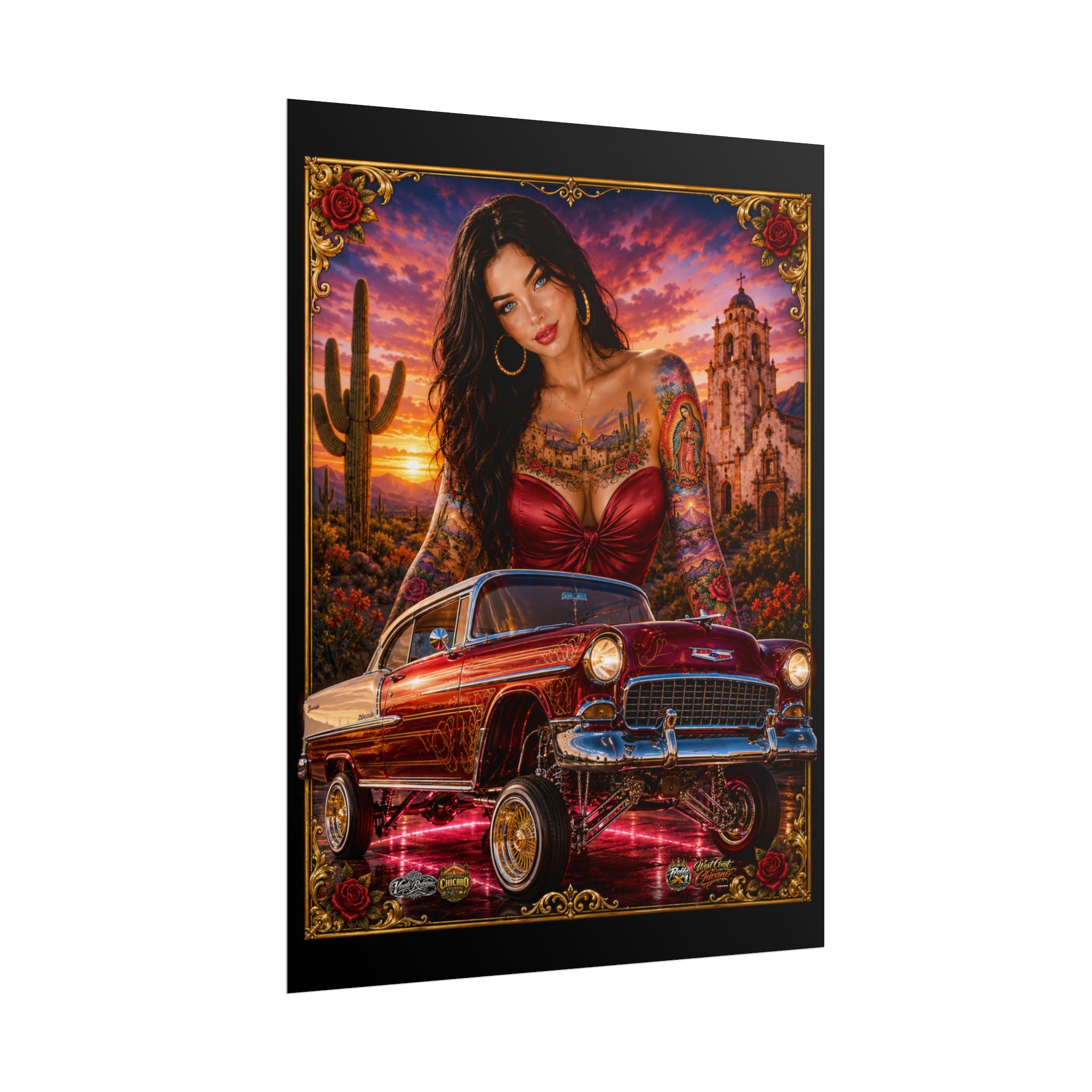 Lowrider Pin-Up Poster — Retro Car & Tattooed Chicana Sunset Art (Rolled Poster)