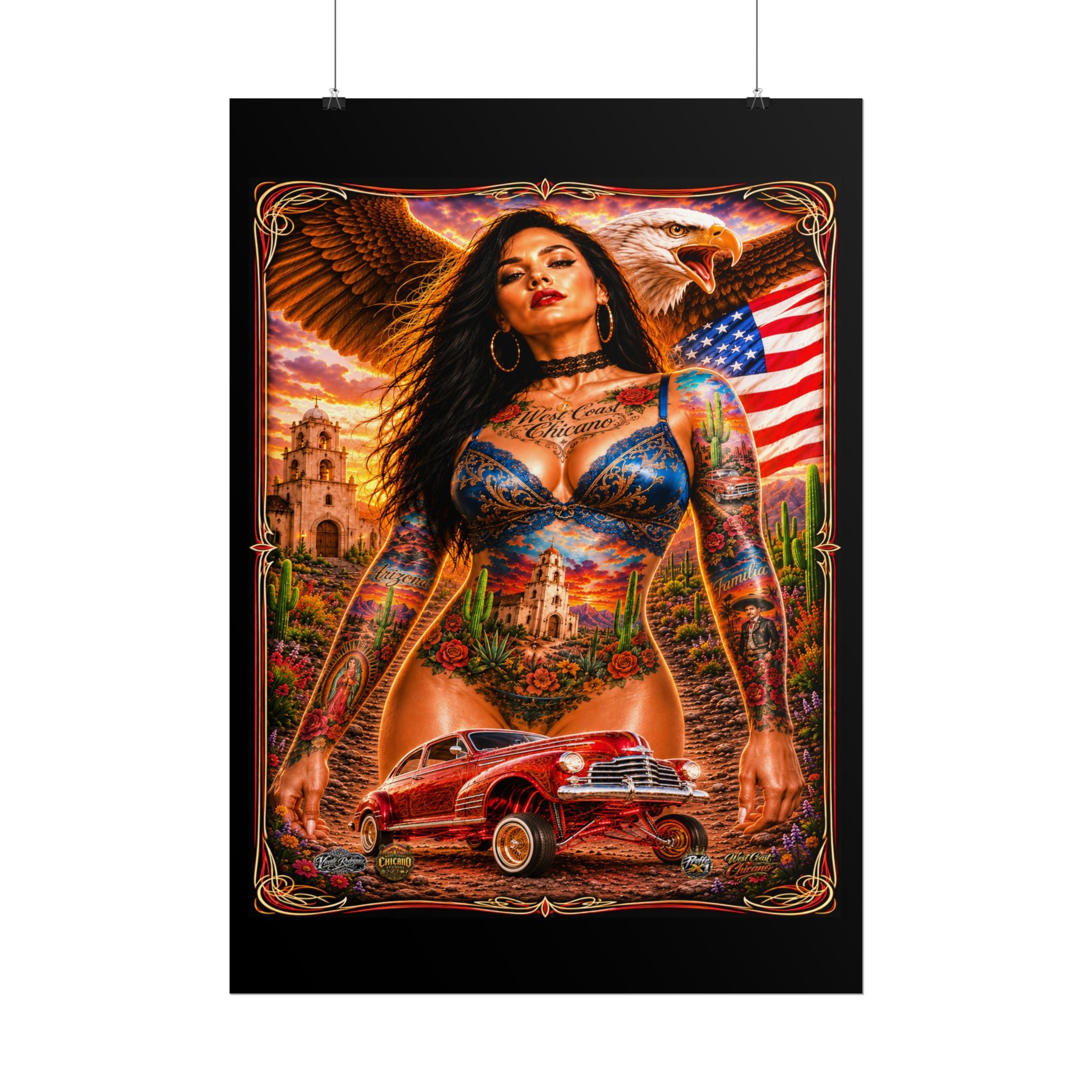 Chicana Lowrider Art Poster — Patriotic Eagle & Classic Car Rolled Print