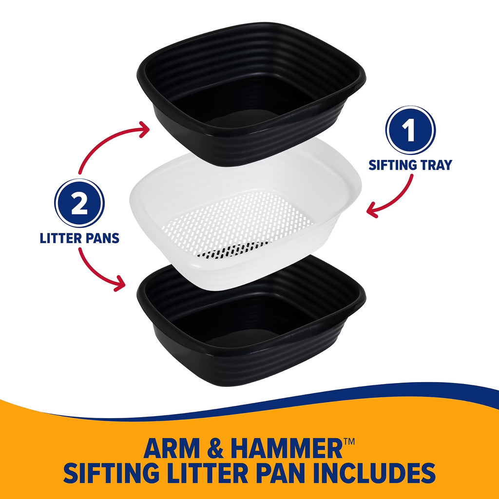 Sifting Cat Litter Box, 2 Open Top Plastic Cat Litter Pans and Cat Litter Tray, Large, Black and White
