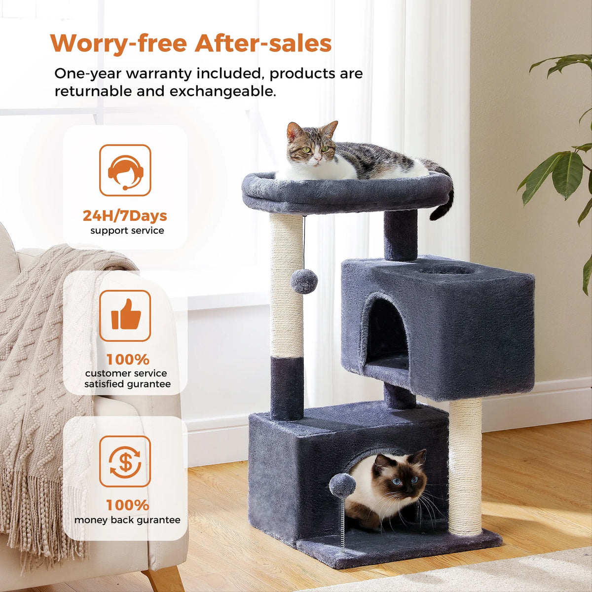 31.5" Modern Cat Tree Tower with Dual Large Condos for Kitten ＆ Medium Size Cat Dark Gray